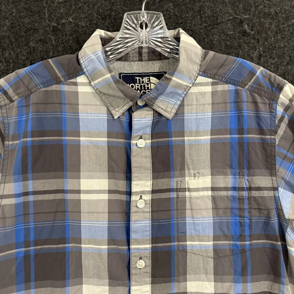The North Face Shirt Men's Medium Blue Gray Plaid Cotton Casual Button Down